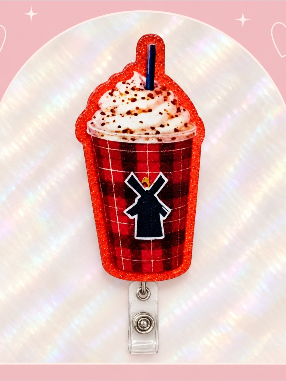 Dutch bros Red Plaid Holiday Drink Badge Reel with Whipped Topping